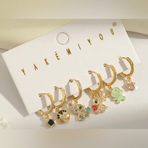 14K Gold Disney Lilo & Stitch & Angel Theme Huggie Hoop Mismatched Earrings Set